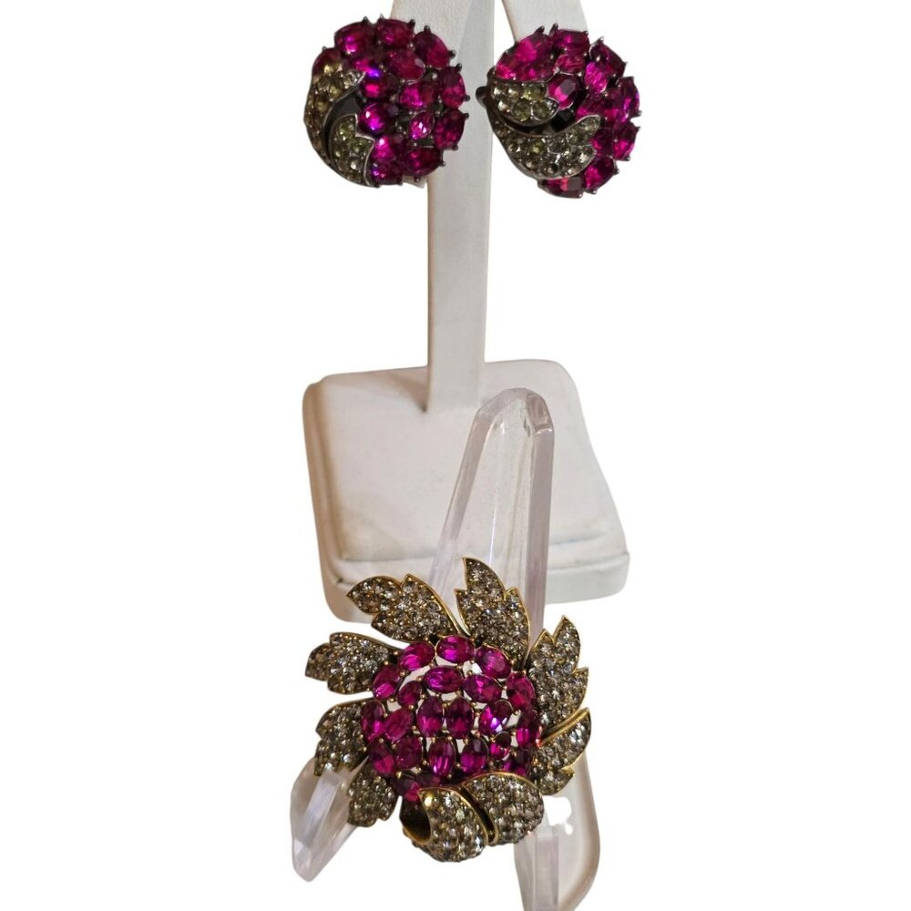Alfred Philippe Trifari Rare Diamonte Flower Brooch & Clip-On Earrings Set